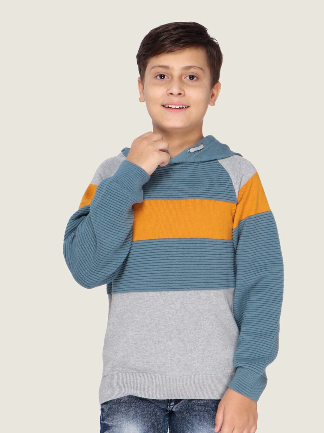 

LASNAK Boys Grey & Orange Striped Cotton Pullover Sweater