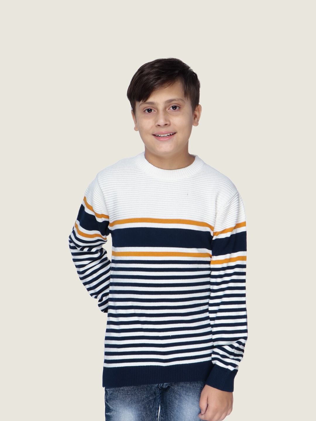 

LASNAK Boys White & Black Striped Cotton Pullover Sweater