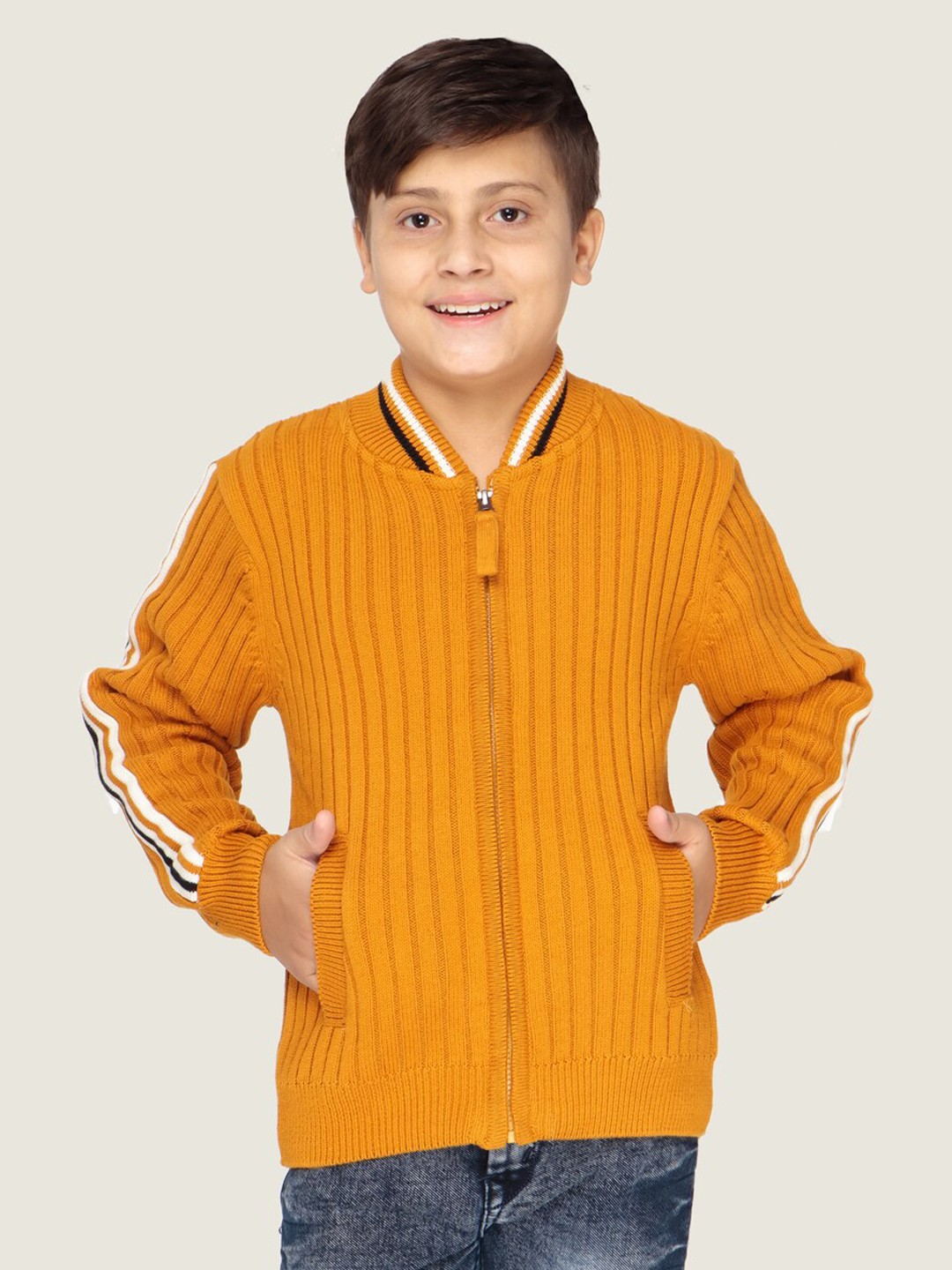 

LASNAK Boys Mustard & White Ribbed Cotton Pullover Sweater
