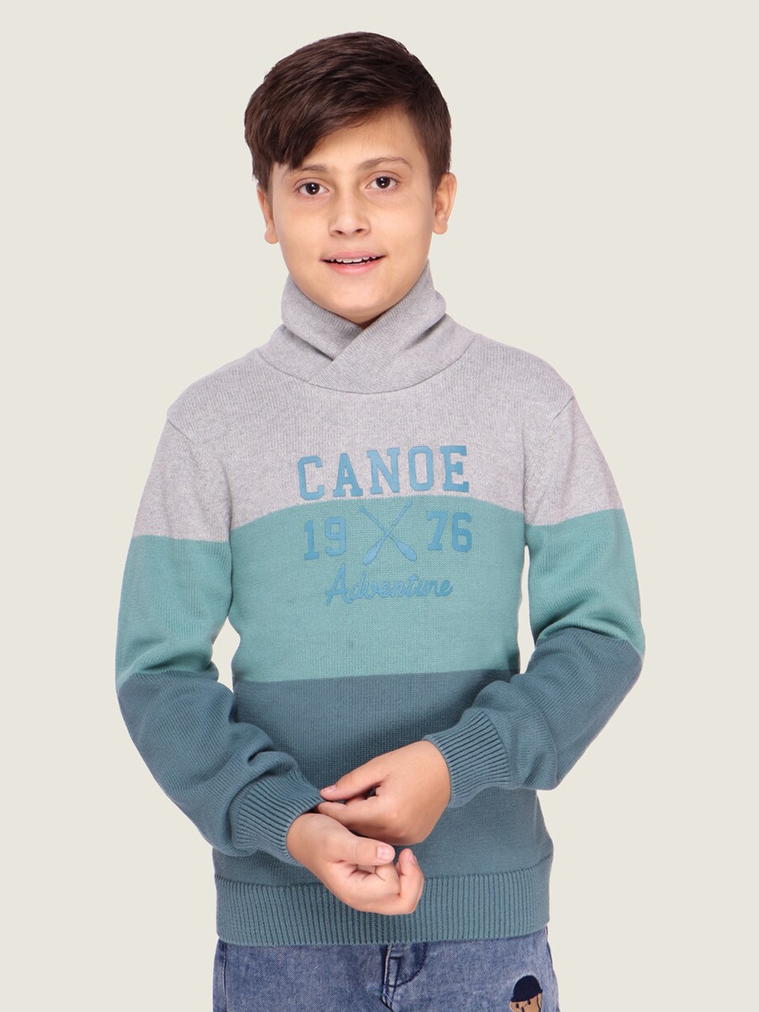 

LASNAK Boys Grey & Green Colourblocked Cotton Pullover Sweater