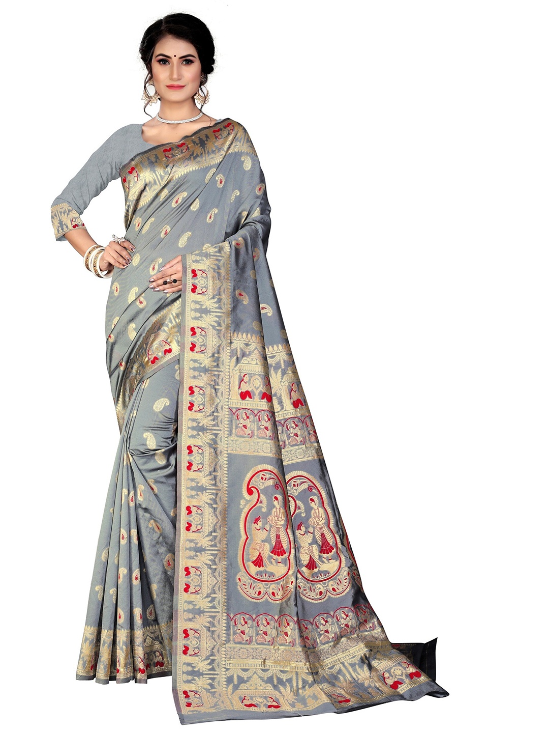 

Rivana Grey & Red Woven Design Zari Silk Blend Baluchari Saree