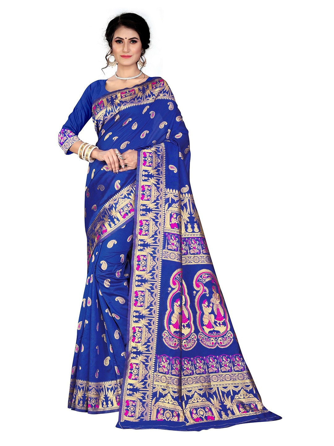 

Rivana Blue & Pink Woven Design Zari Silk Blend Baluchari Saree