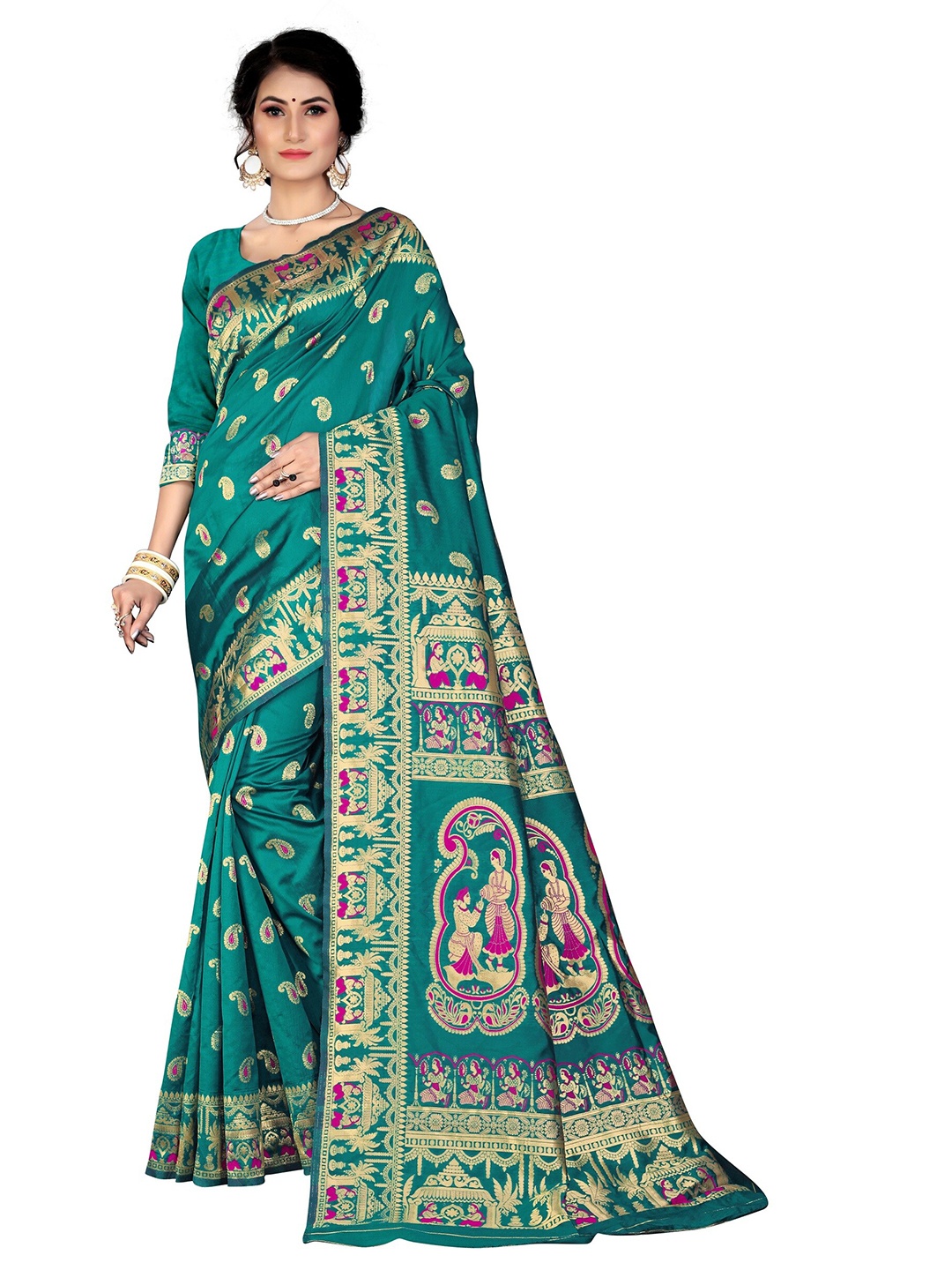 

Rivana Green & Pink Woven Design Zari Silk Blend Baluchari Saree