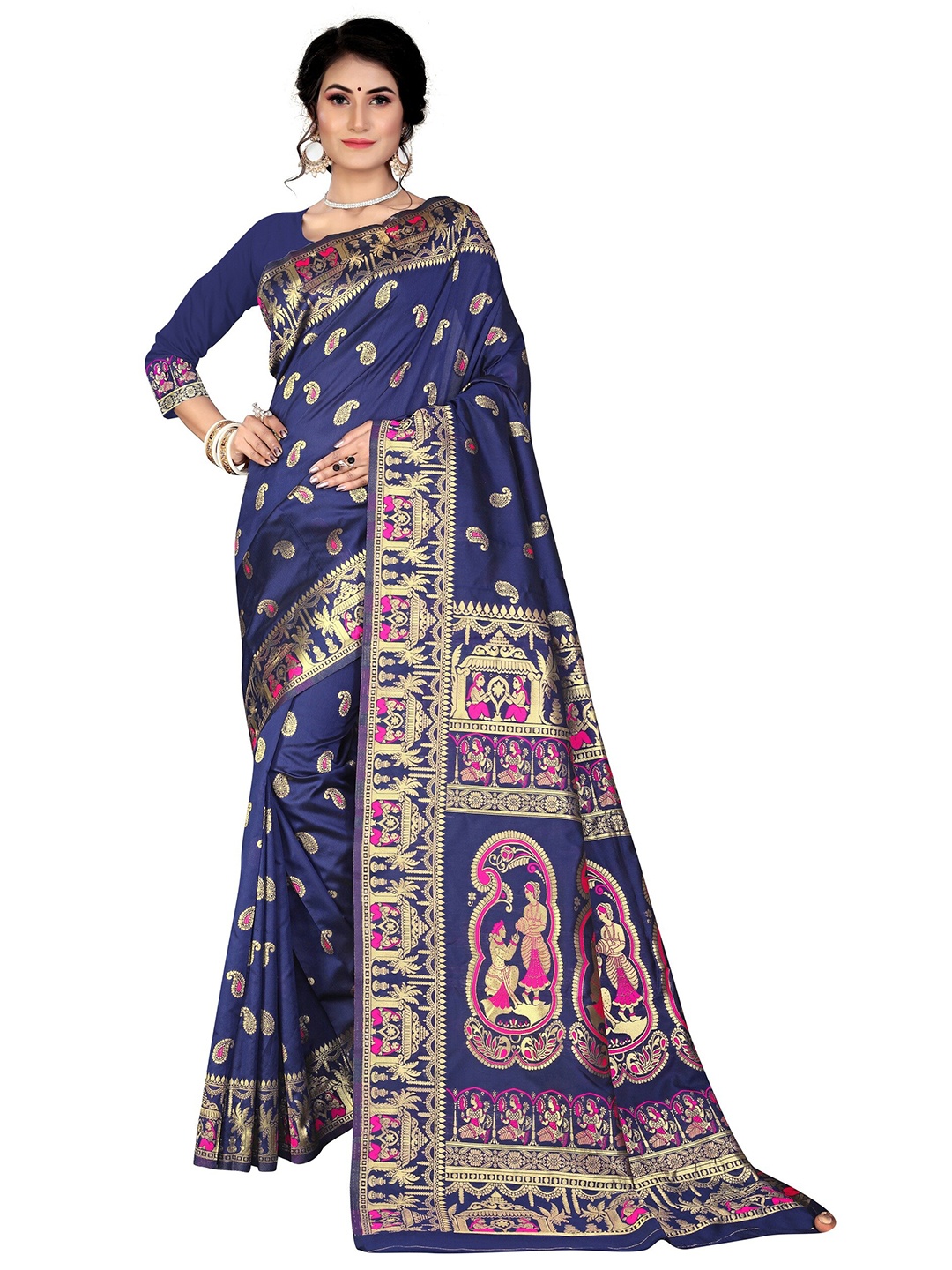 

Rivana Navy Blue & Pink Woven Design Zari Silk Blend Baluchari Saree