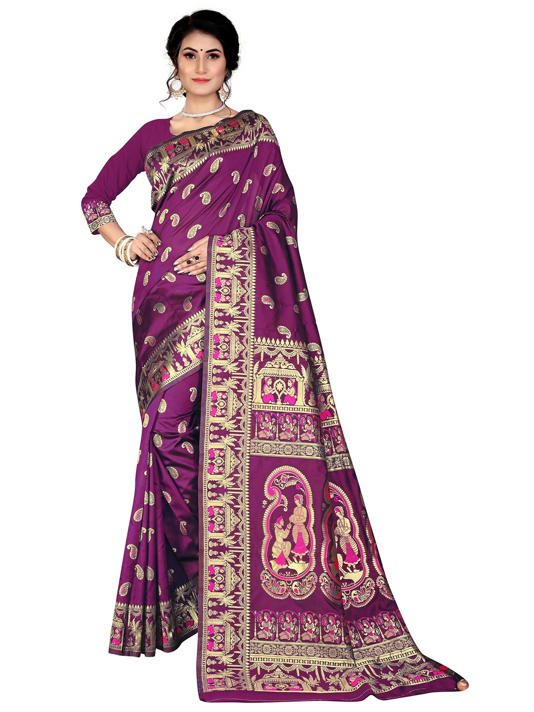 

Rivana Purple & Pink Woven Design Zari Silk Blend Baluchari Saree