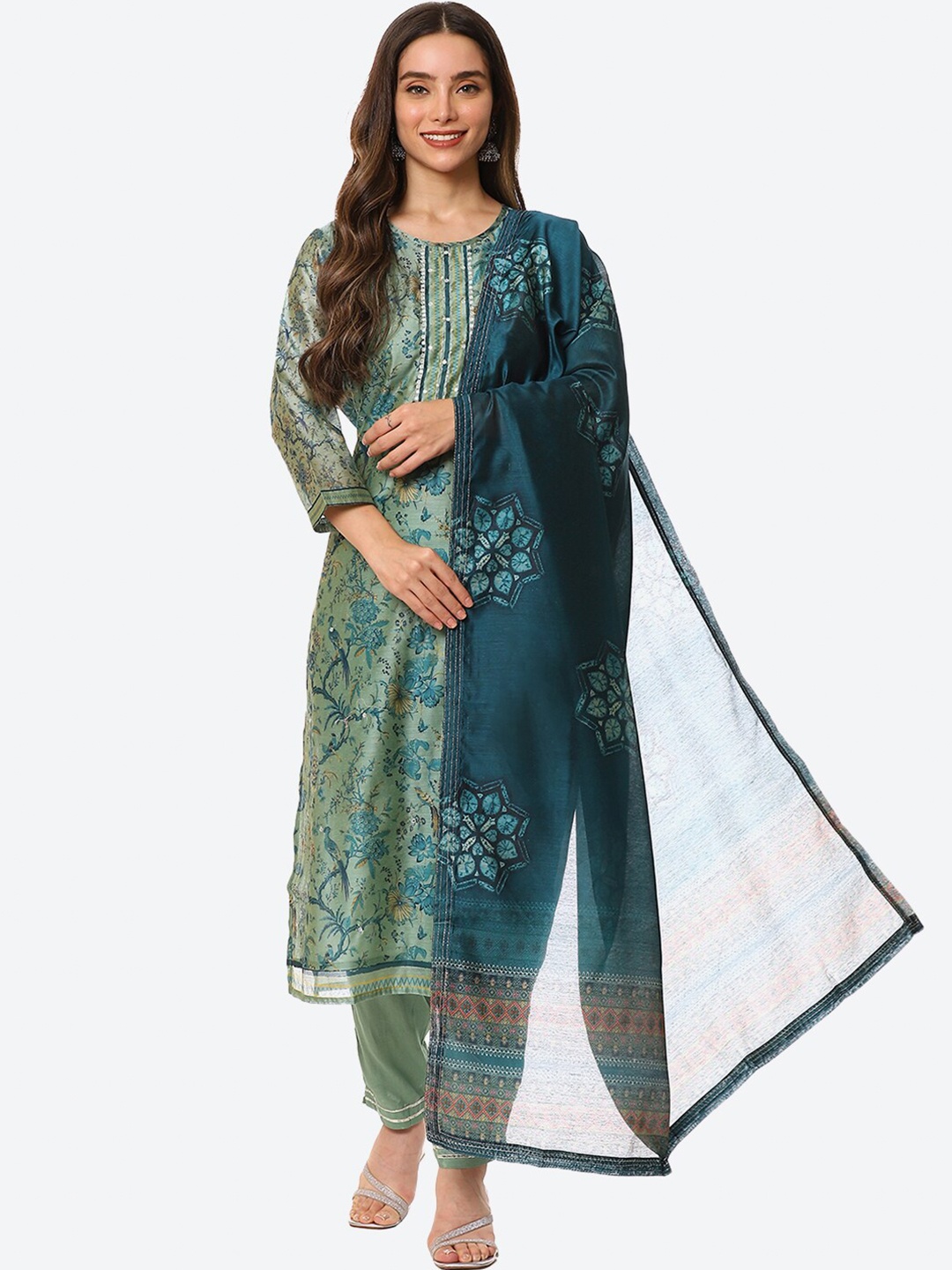 

Biba Women Turquoise Blue & Olive Green Printed Unstitched Dress Material