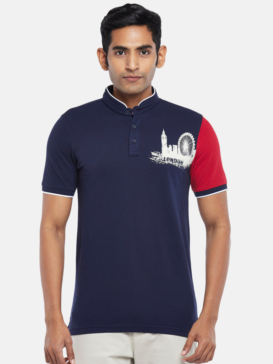 

BYFORD by Pantaloons Men Navy Blue & Red Mandarin Collar Slim Fit T-shirt