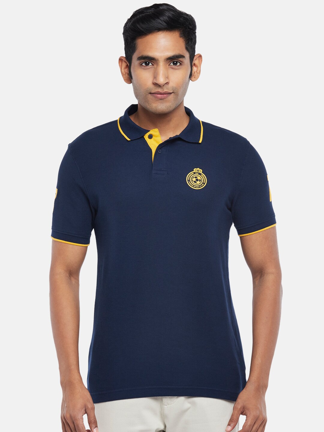 

BYFORD by Pantaloons Men Navy Blue & Yellow Polo Collar Applique Slim Fit T-shirt