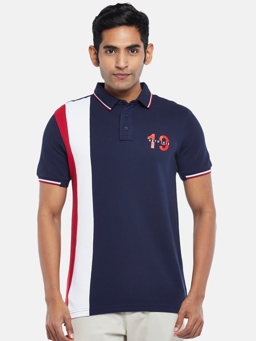 

BYFORD by Pantaloons Men Navy Blue & Red Polo Collar Slim Fit T-shirt