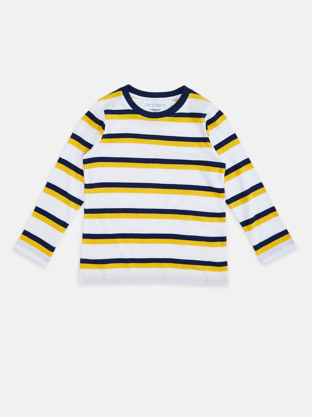 

Pantaloons Junior Boys White & Navy Blue Striped T-shirt