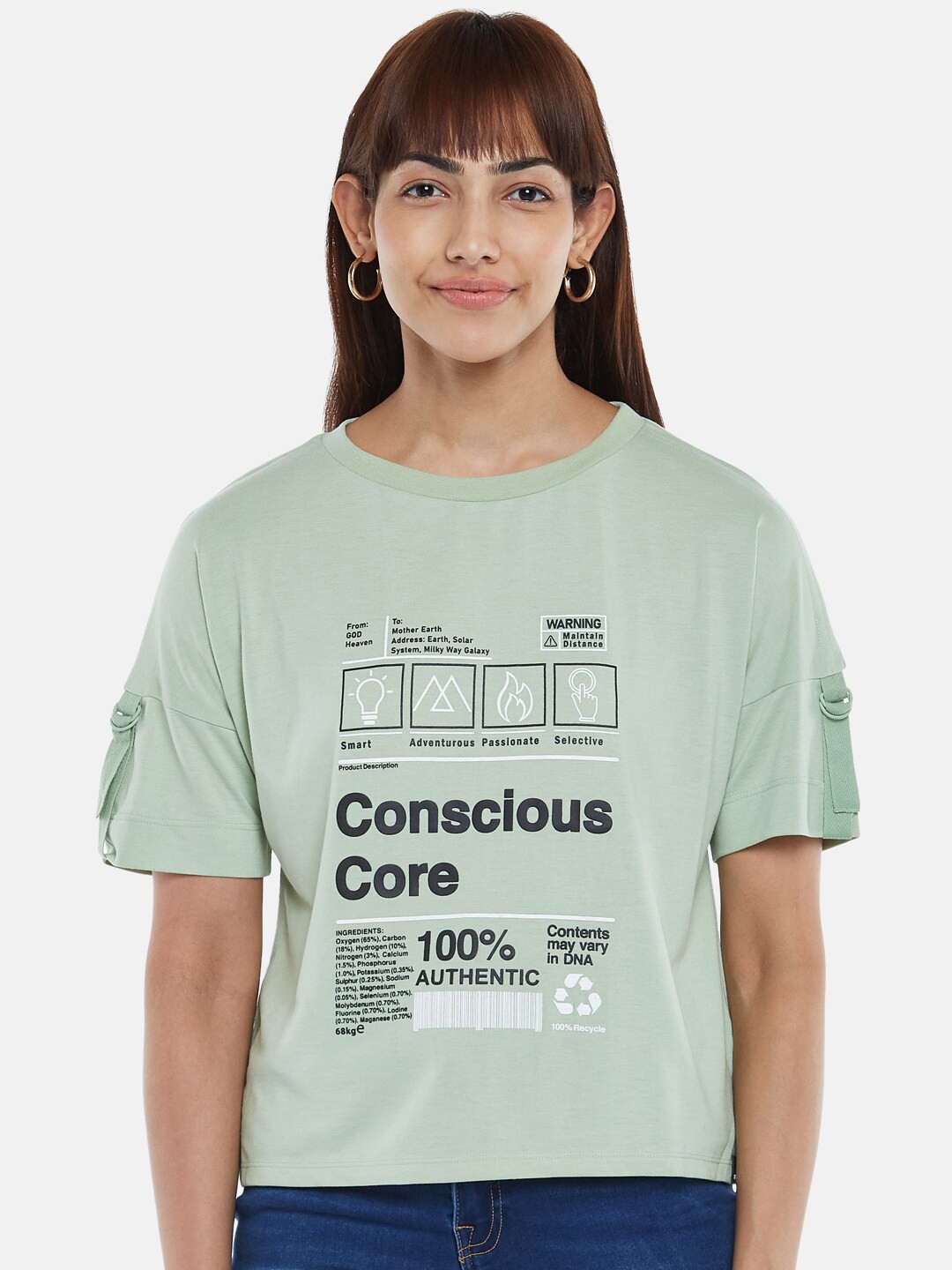 

SF JEANS by Pantaloons Women Green Typography Printed Drop-Shoulder Sleeves T-shirt