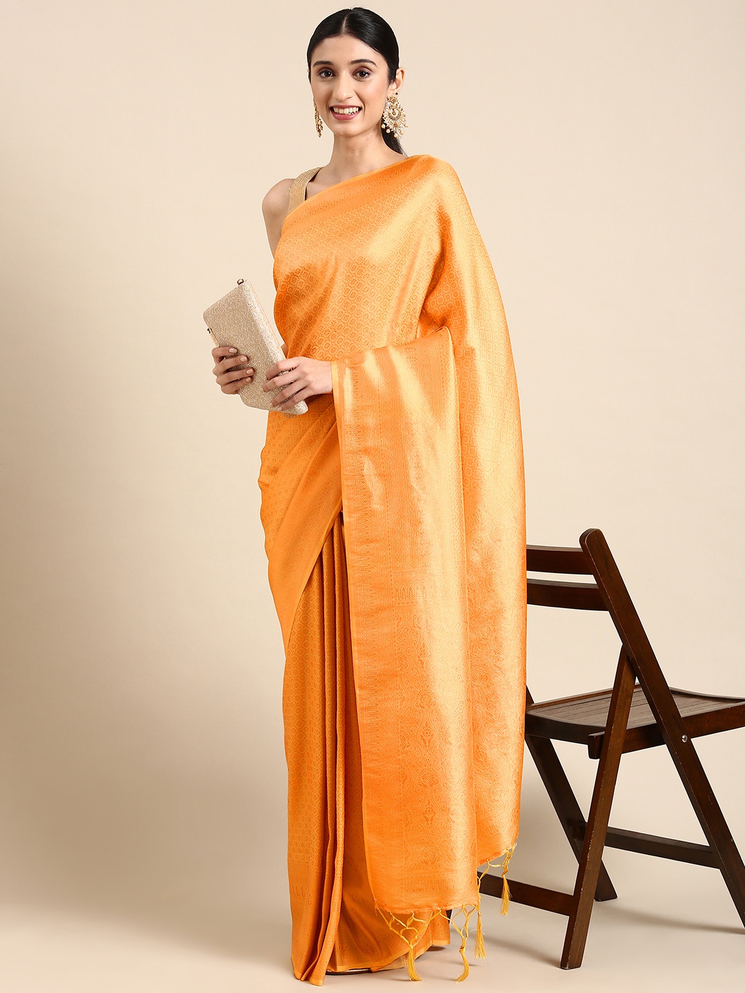 

MARGI DESIGNERS Orange Woven Design Art Silk Banarasi Saree