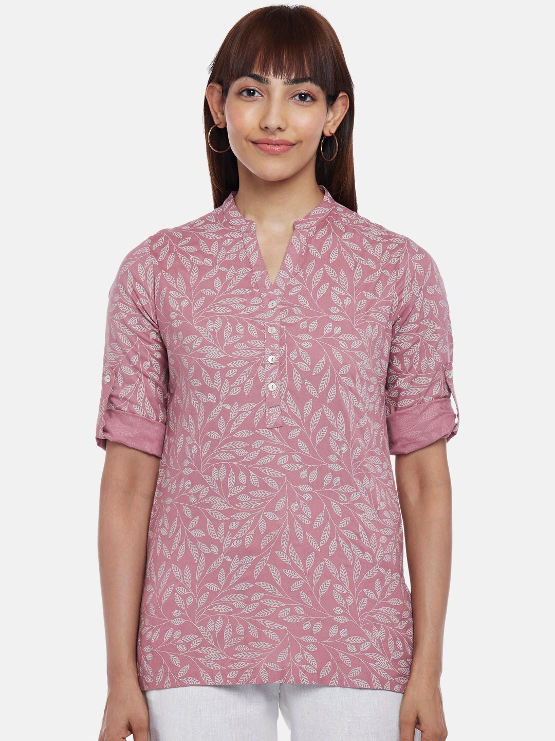 

AKKRITI BY PANTALOONS Women Pink & White Viscose Rayon Mandarin Collar Printed Tunic