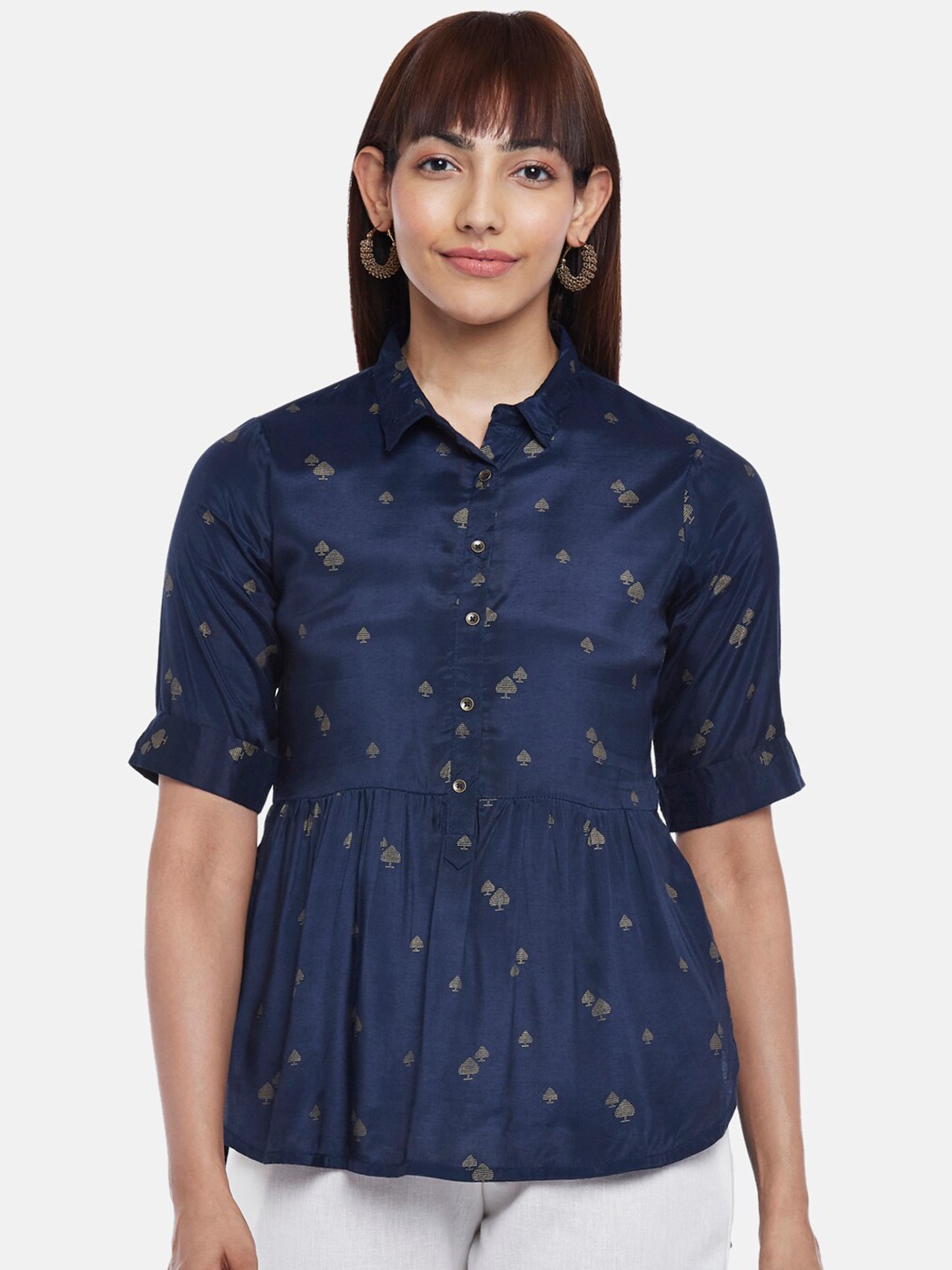 

AKKRITI BY PANTALOONS Blue & Gold-Toned Shirt Collar Printed Tunic