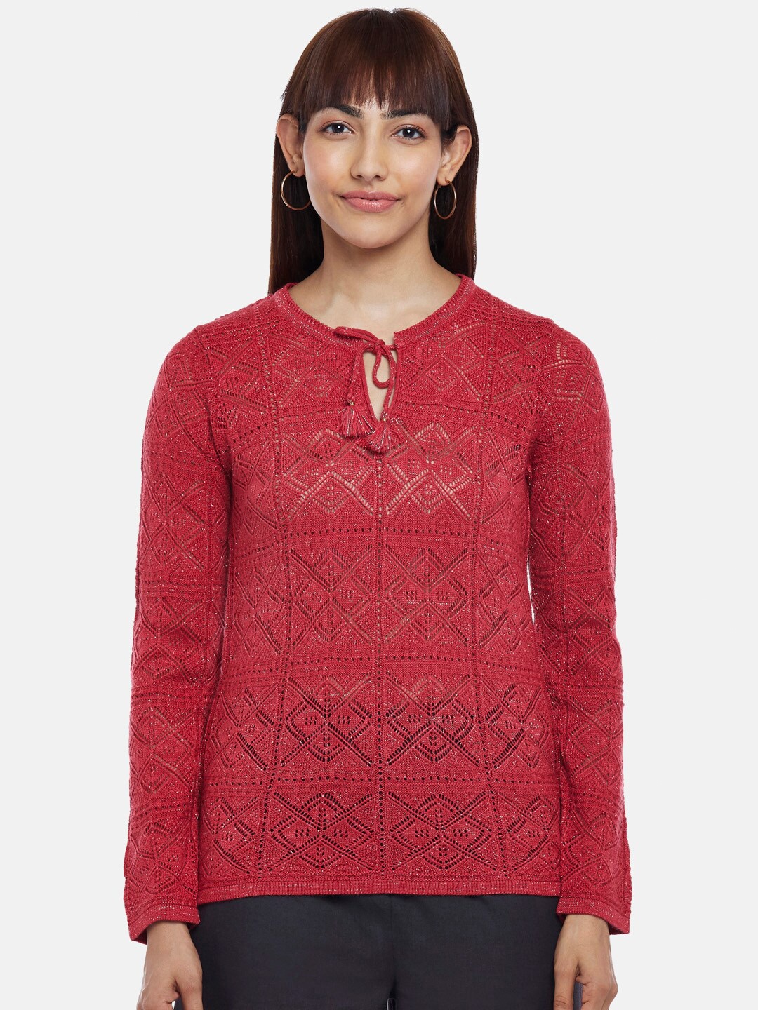 

AKKRITI BY PANTALOONS Coral Tie-Up Neck Top