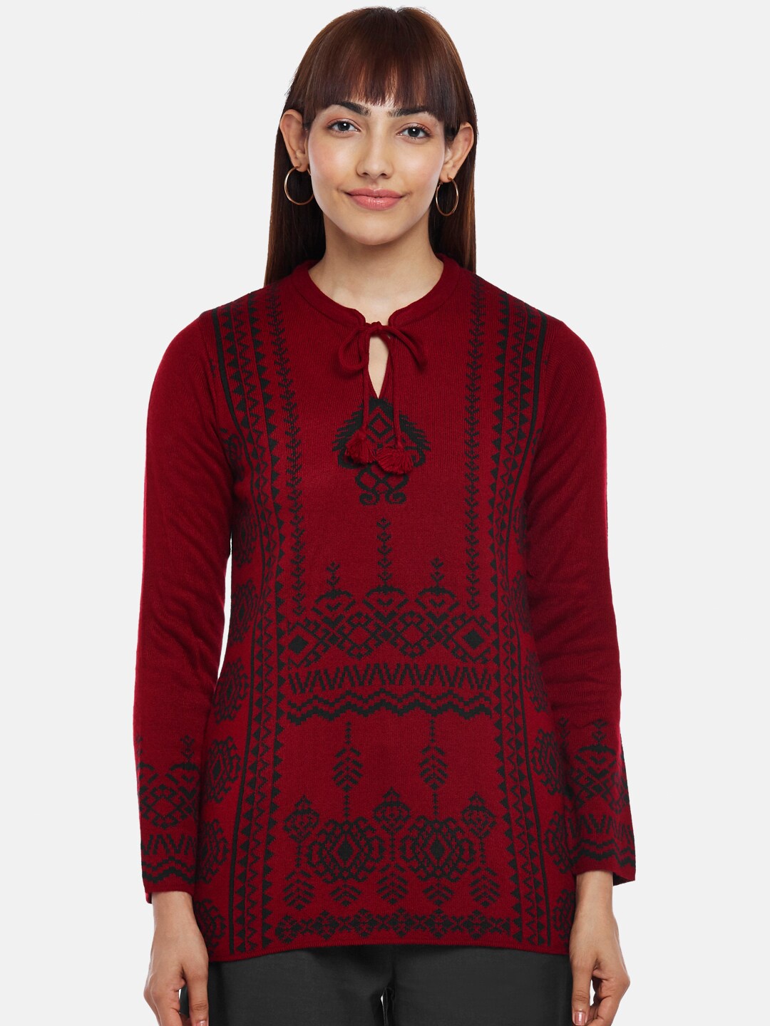 

AKKRITI BY PANTALOONS Women Maroon & Black Mandarin Collar Printed Tunic