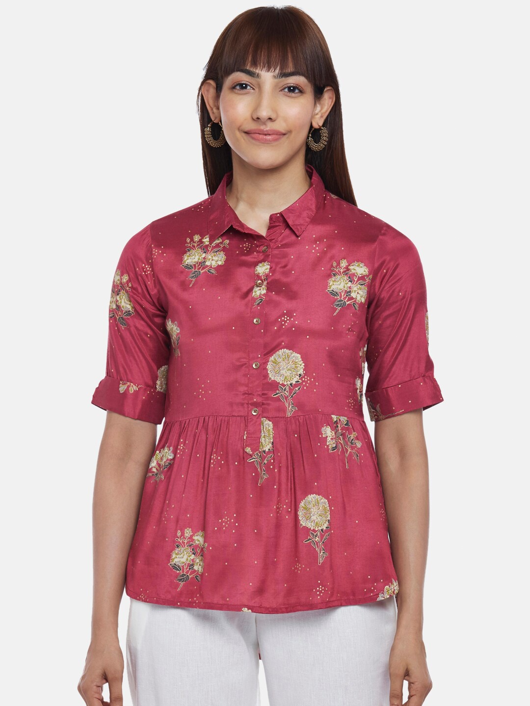 

AKKRITI BY PANTALOONS Pink & Yellow Floral Print Peplum Top