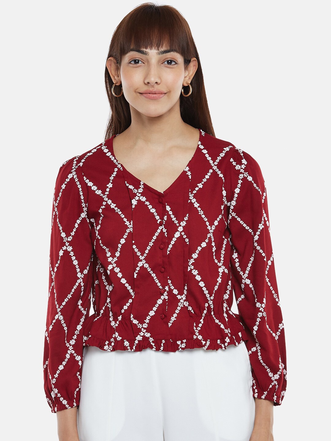 

Honey by Pantaloons Maroon Geometric Print Blouson Top