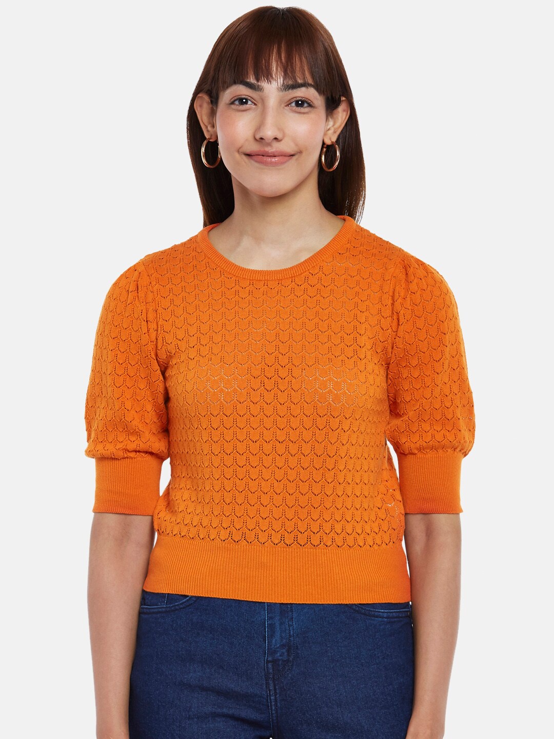 

People Women Orange Puff Sleeves Top