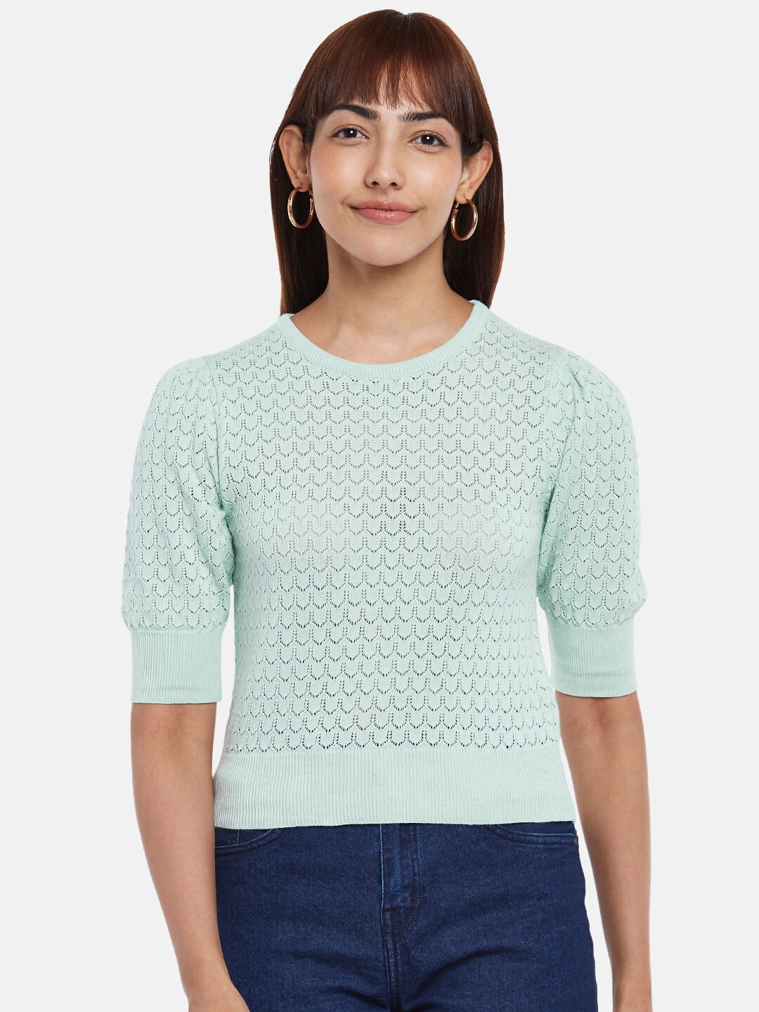 

People Women Green Puff Sleeves Top