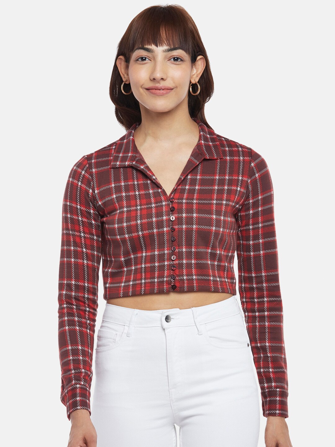 

People Brown Checked Shirt Style Crop Top