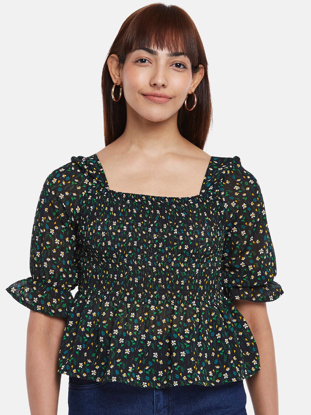 

People Black Floral Print Peplum Top