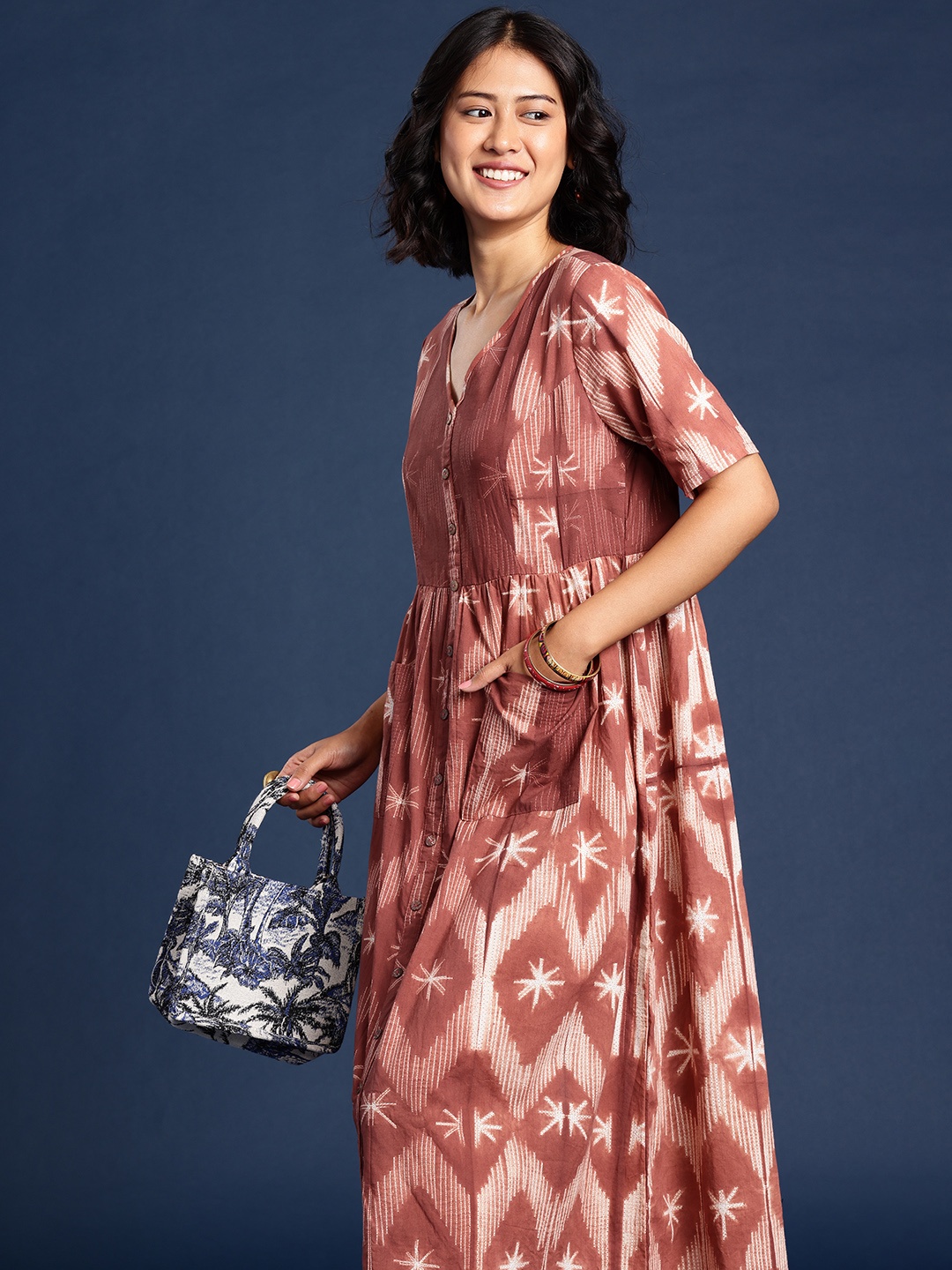 

Taavi Shibori Pure Cotton Printed A-Line Midi Dress, Rust