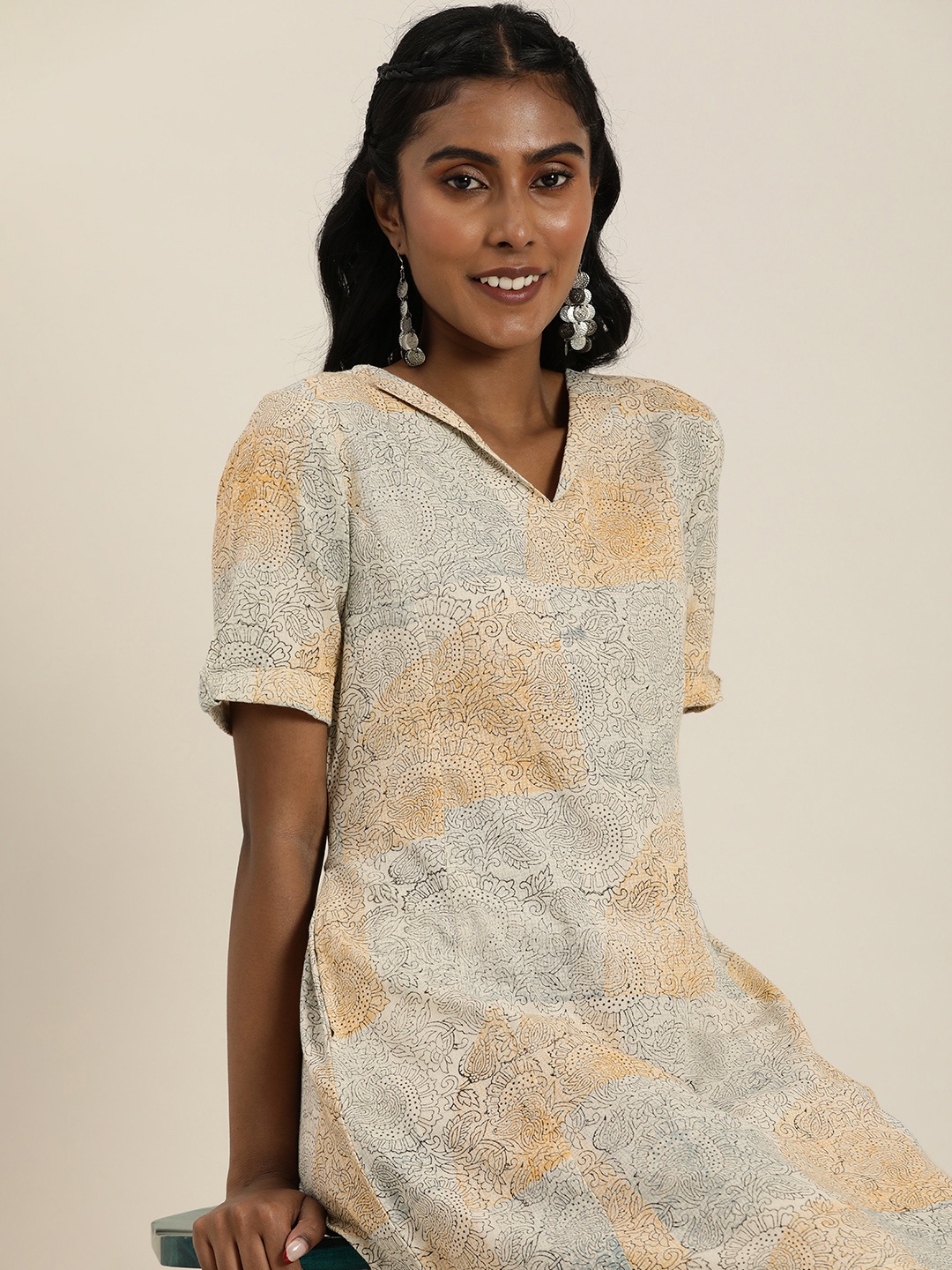 

Taavi Cotton Linen Floral Print A-Line Sanganeri Dress, Off white