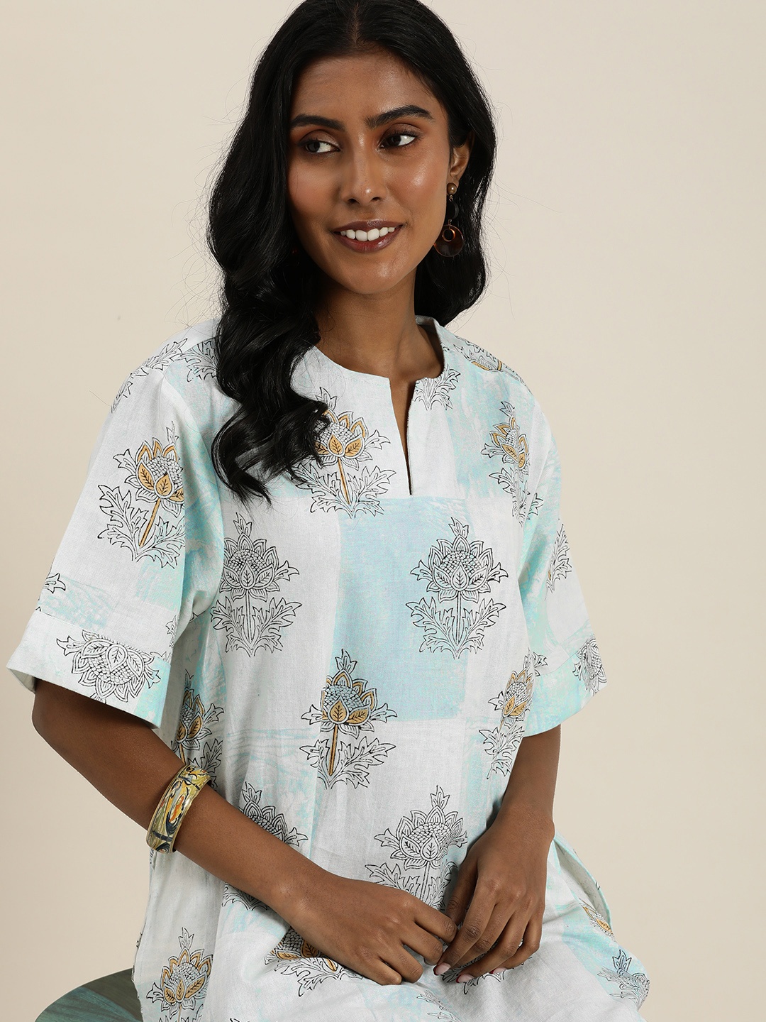 

Taavi Sangeneri Ethnic Motifs Printed Cotton-Linen A-Line Dress, Blue