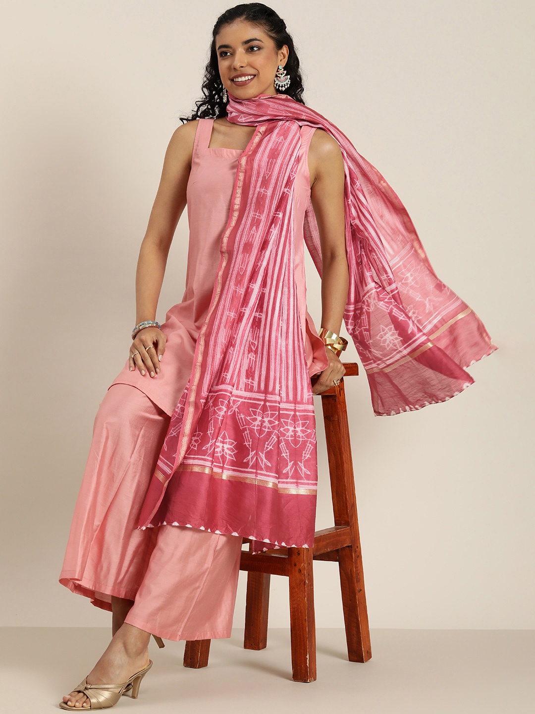 

Taavi Mukaish Striped Dupatta, Pink