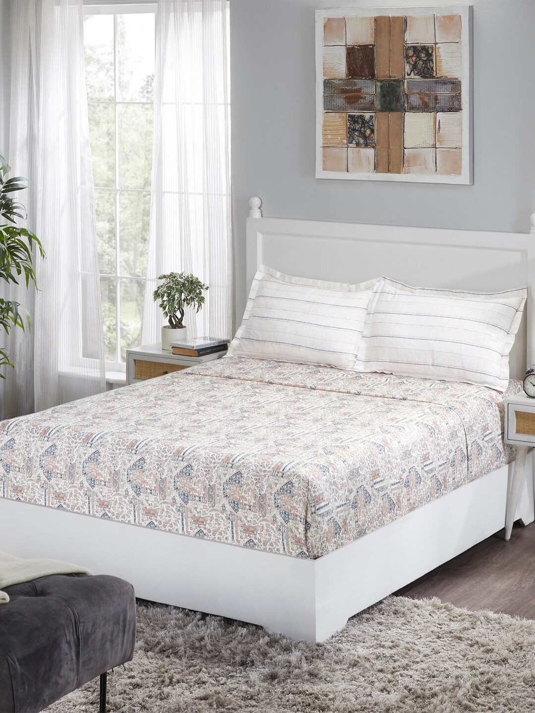 

MYTRIDENT Peach-Coloured White 100% Cotton 210 TC King Bedsheet with 2 Pillow Covers