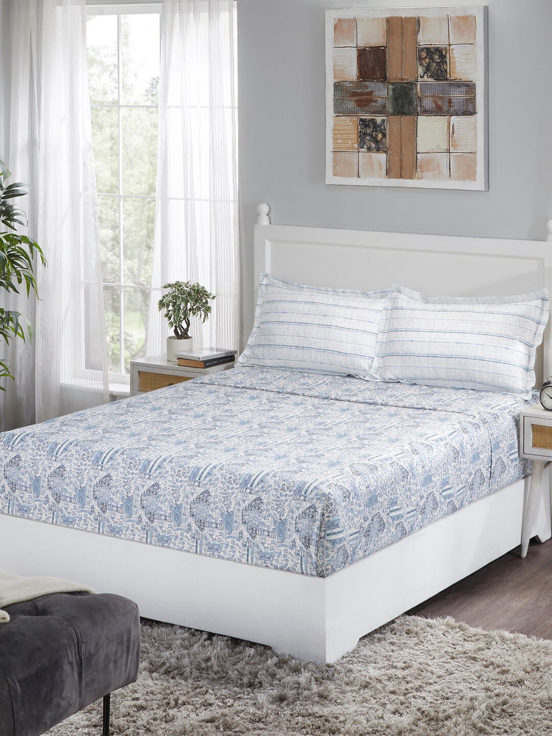 

MYTRIDENT Blue White 100% Cotton 210 TC King Bedsheet with 2 Pillow Covers