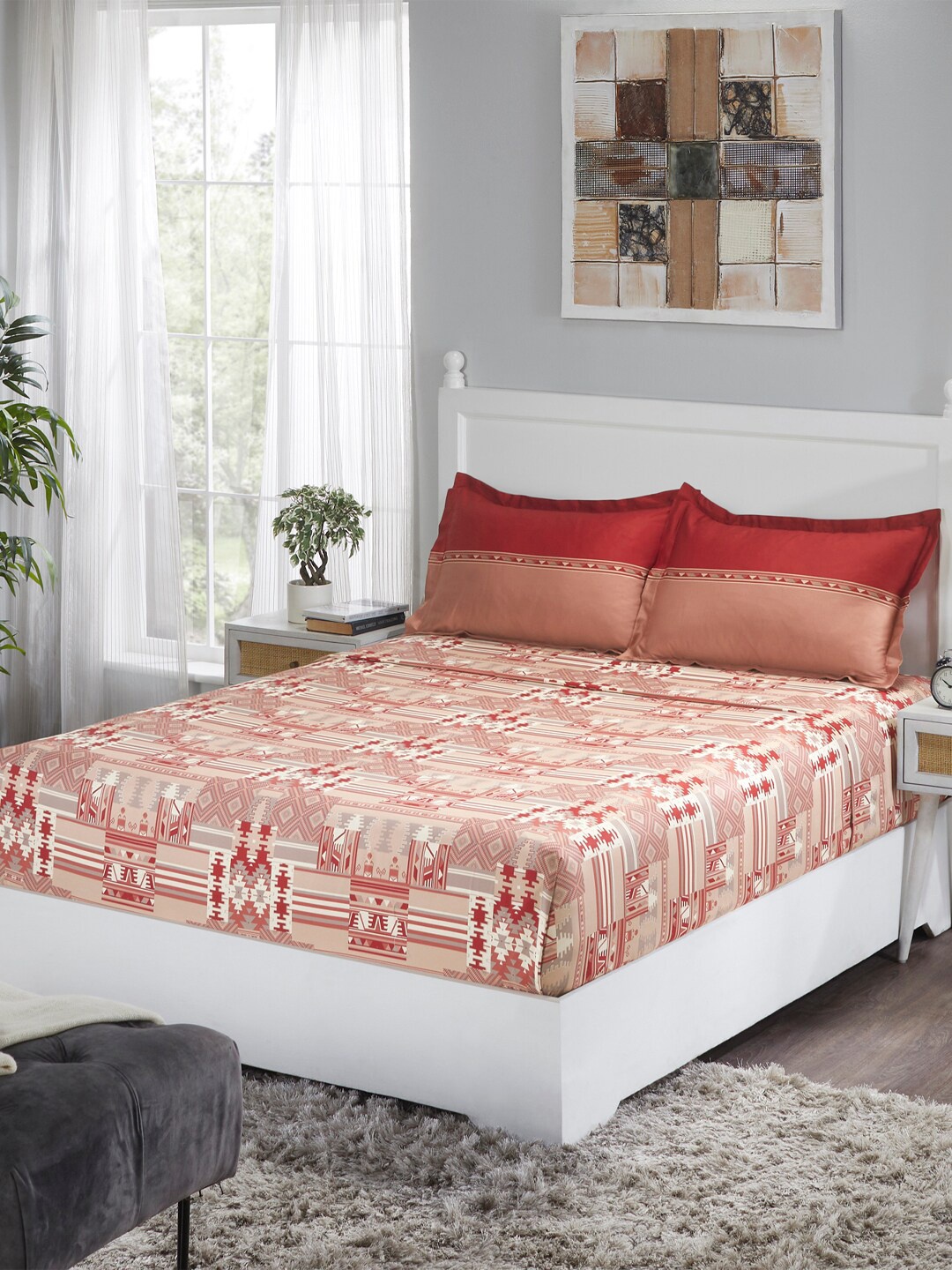 

MYTRIDENT Red Beige Geometric 100% Cotton 210 TC King Bedsheet with 2 Pillow Covers