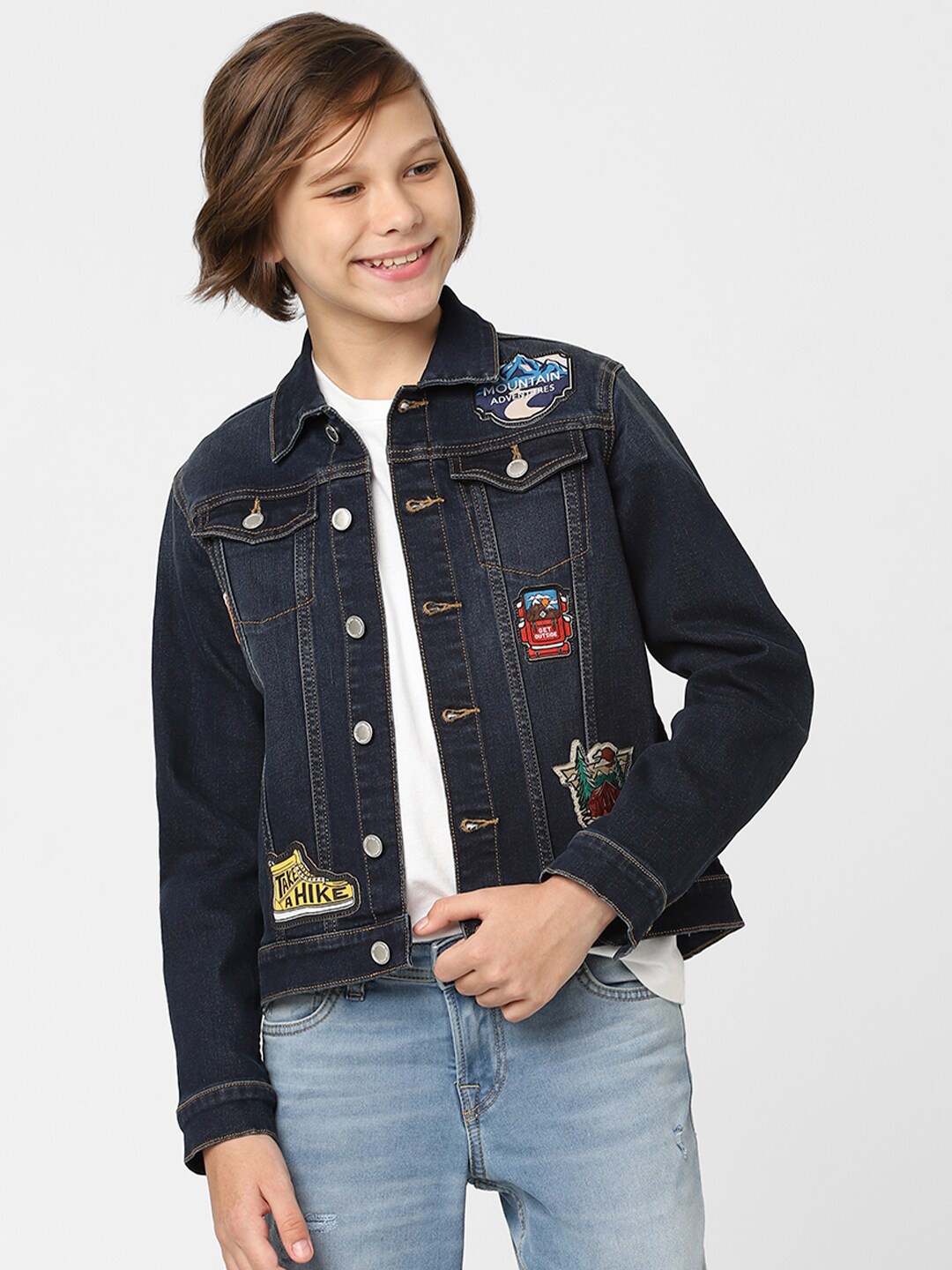 

Jack & Jones Junior Boys Blue Red Denim Jacket with Patchwork