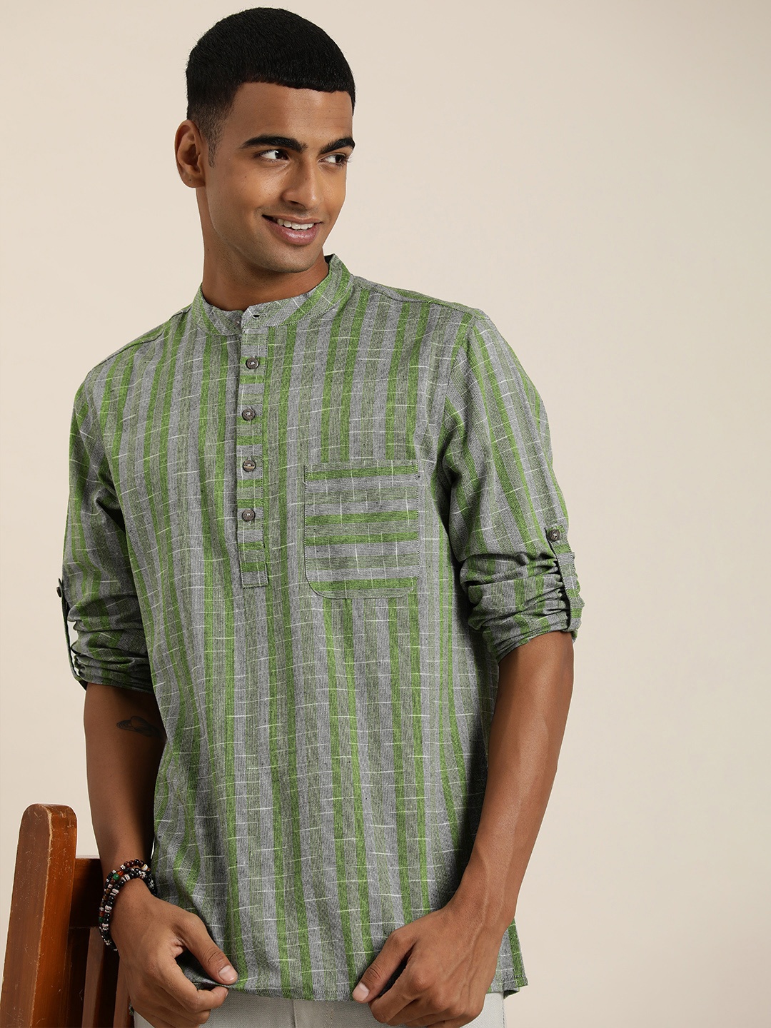 

Taavi Striped Ikat Pure Cotton Straight Kurta, Green
