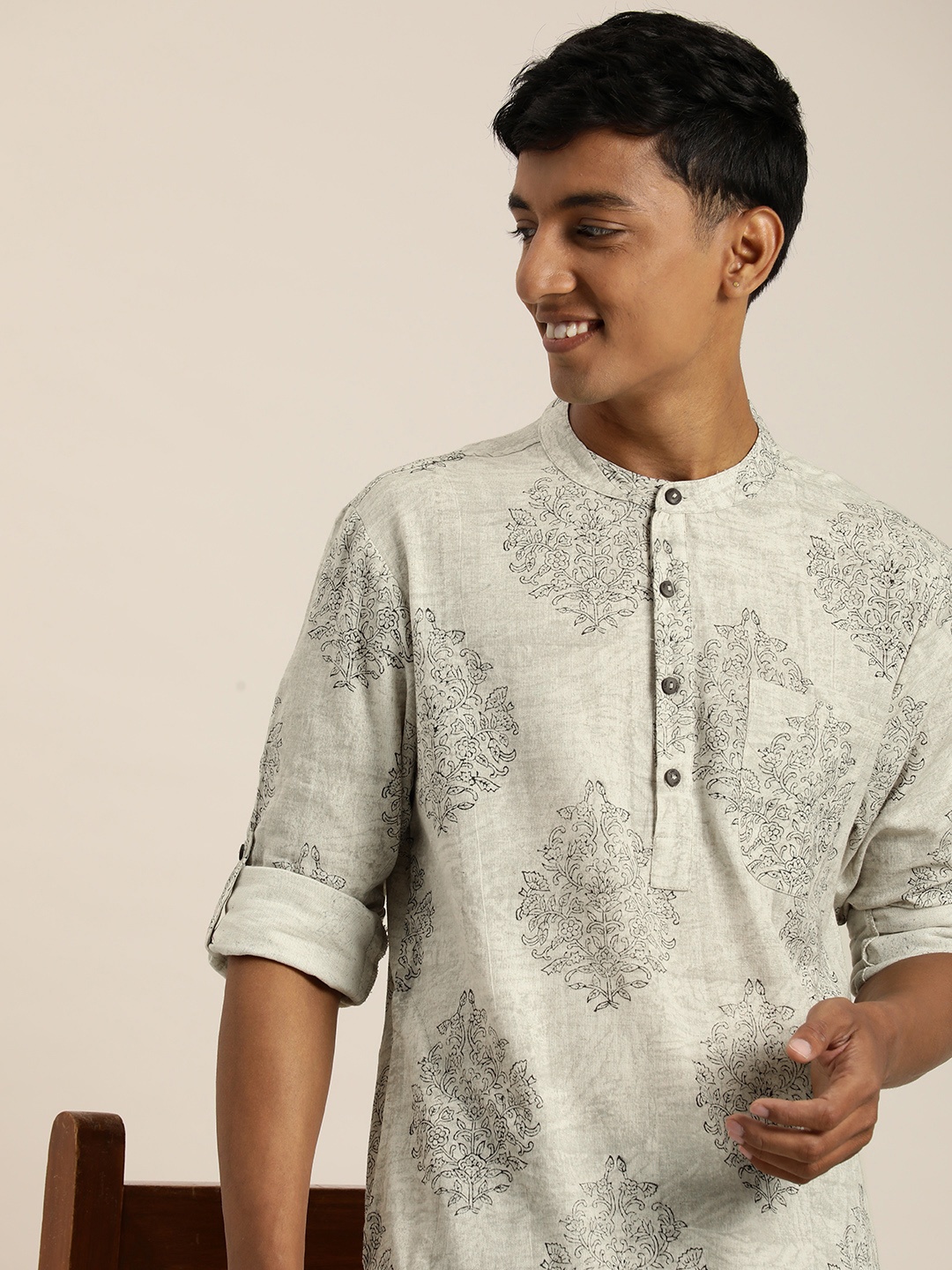 

Taavi Sanganeri Ethnic Motifs Hand Block Printed Cotton Linen Kurta, Off white