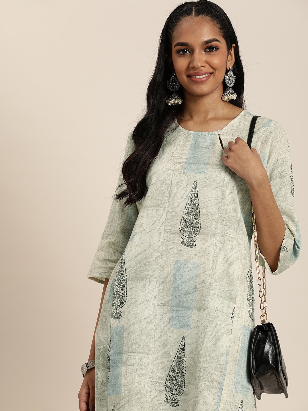 

Taavi Women Sanganeri Cotton Linen Ethnic Motifs Printed Kurta, Off white