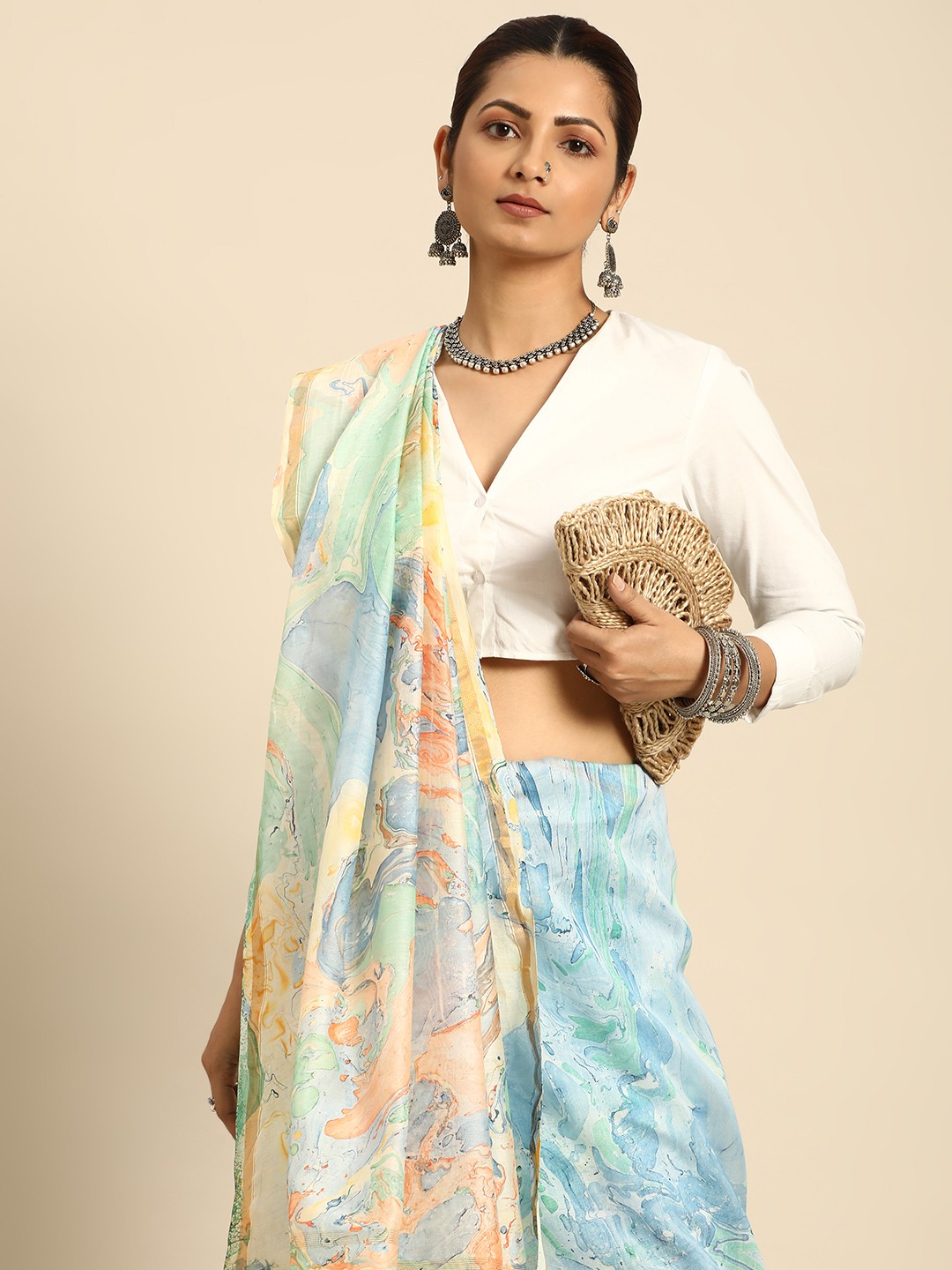 

Taavi Marbling Chanderi Saree, Blue