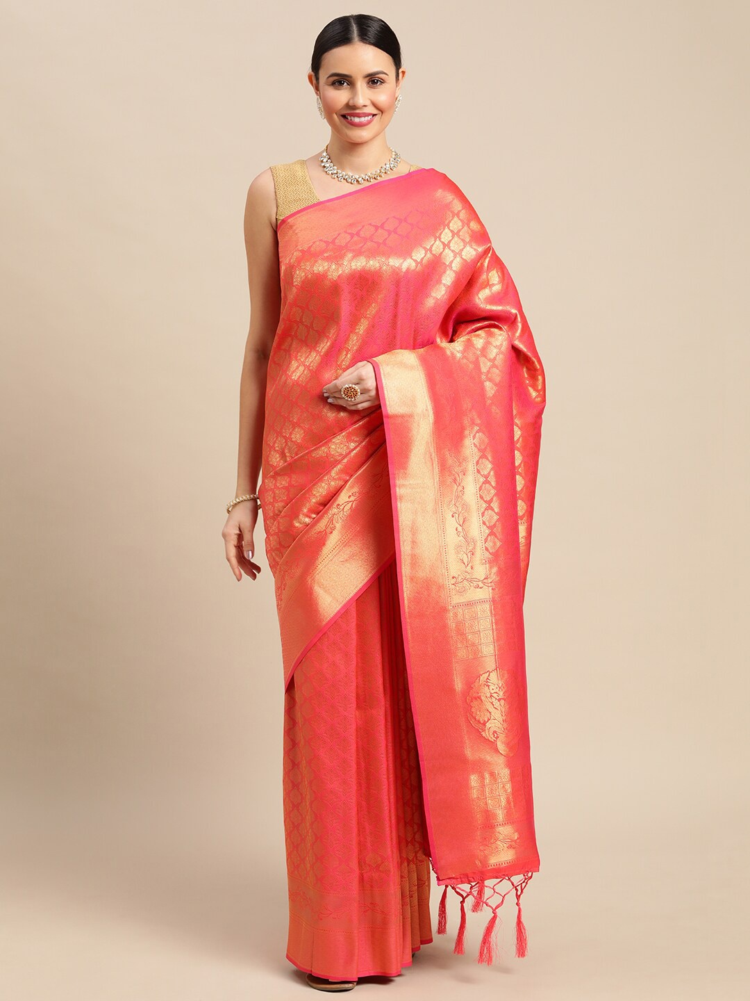

KAITHY CREATION Orange & Gold-Toned Woven Design Zari Pure Silk Saree