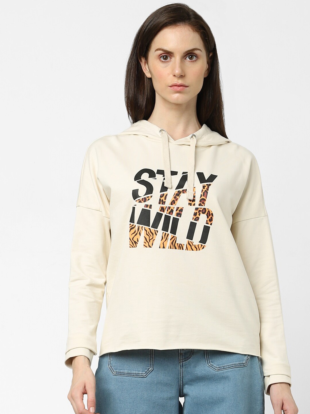 

Vero Moda Women Beige Printed Hooded Sweatshirt