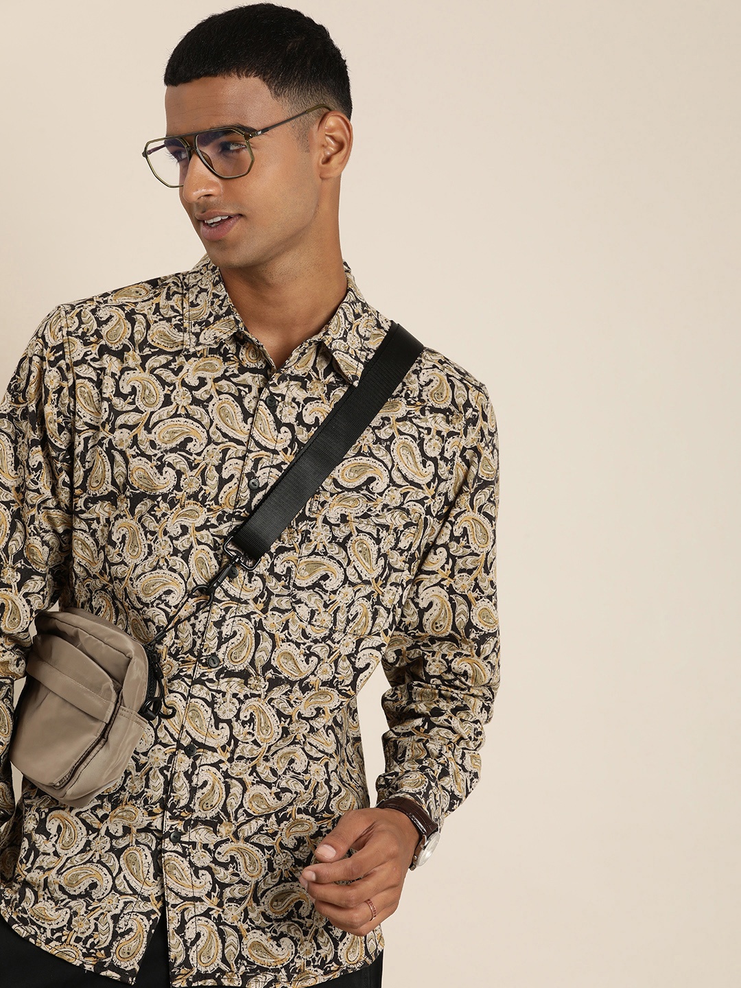 

Taavi Kalamkari Hand Block Printed Casual Shirt, Beige