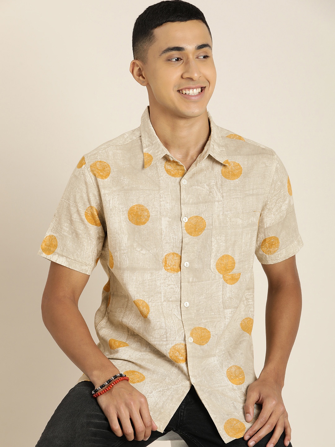 

Taavi Sanganeri Block Print Cotton Linen Casual Shirt, Off white