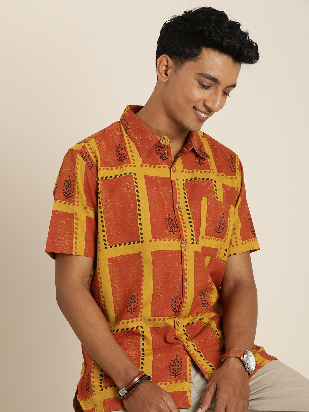 

Taavi Sanganeri Block Print Cotton Linen Casual Shirt, Orange