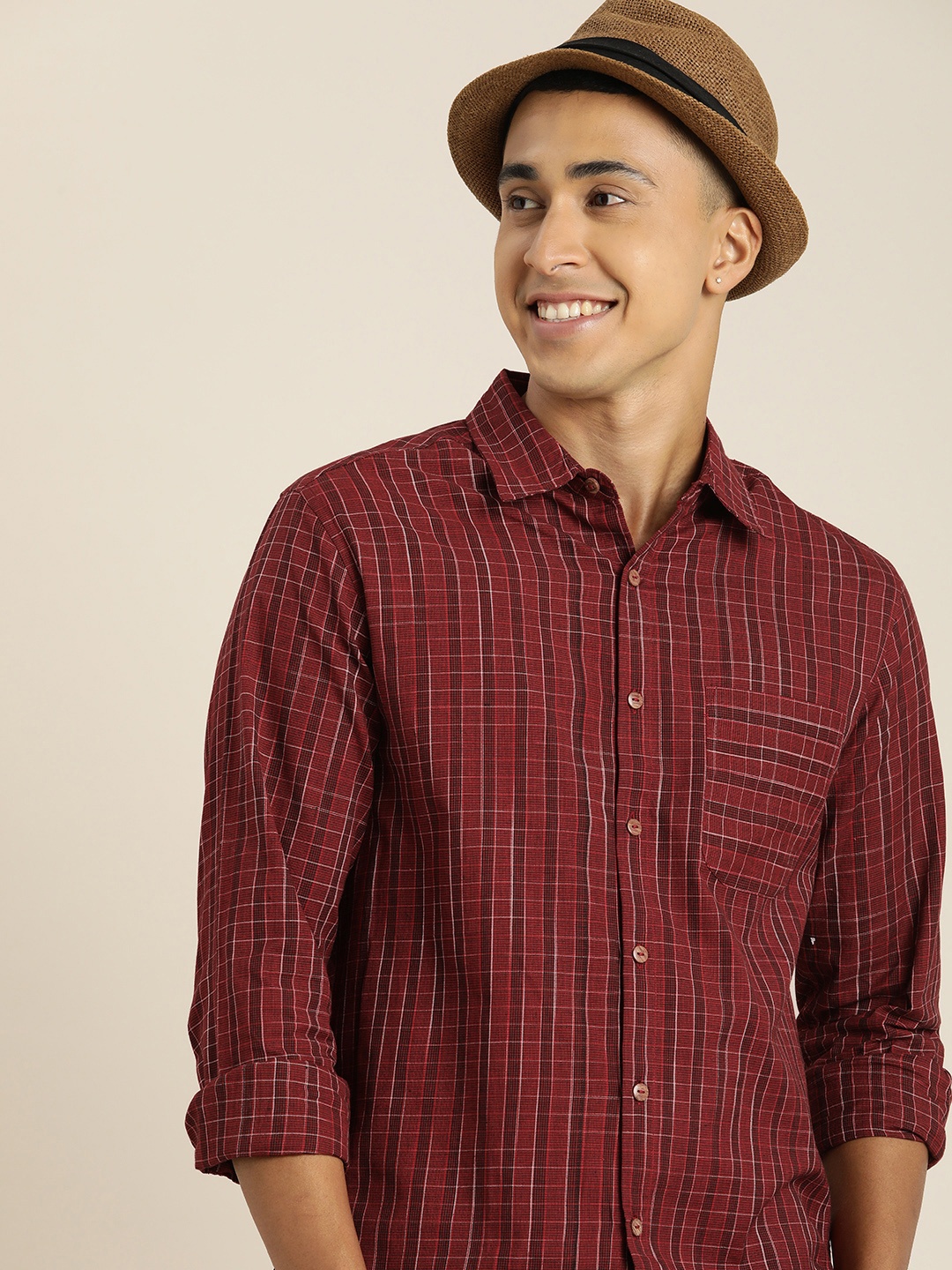 

Taavi Men Woven Legacy Pure Cotton Opaque Checked Casual Shirt, Maroon