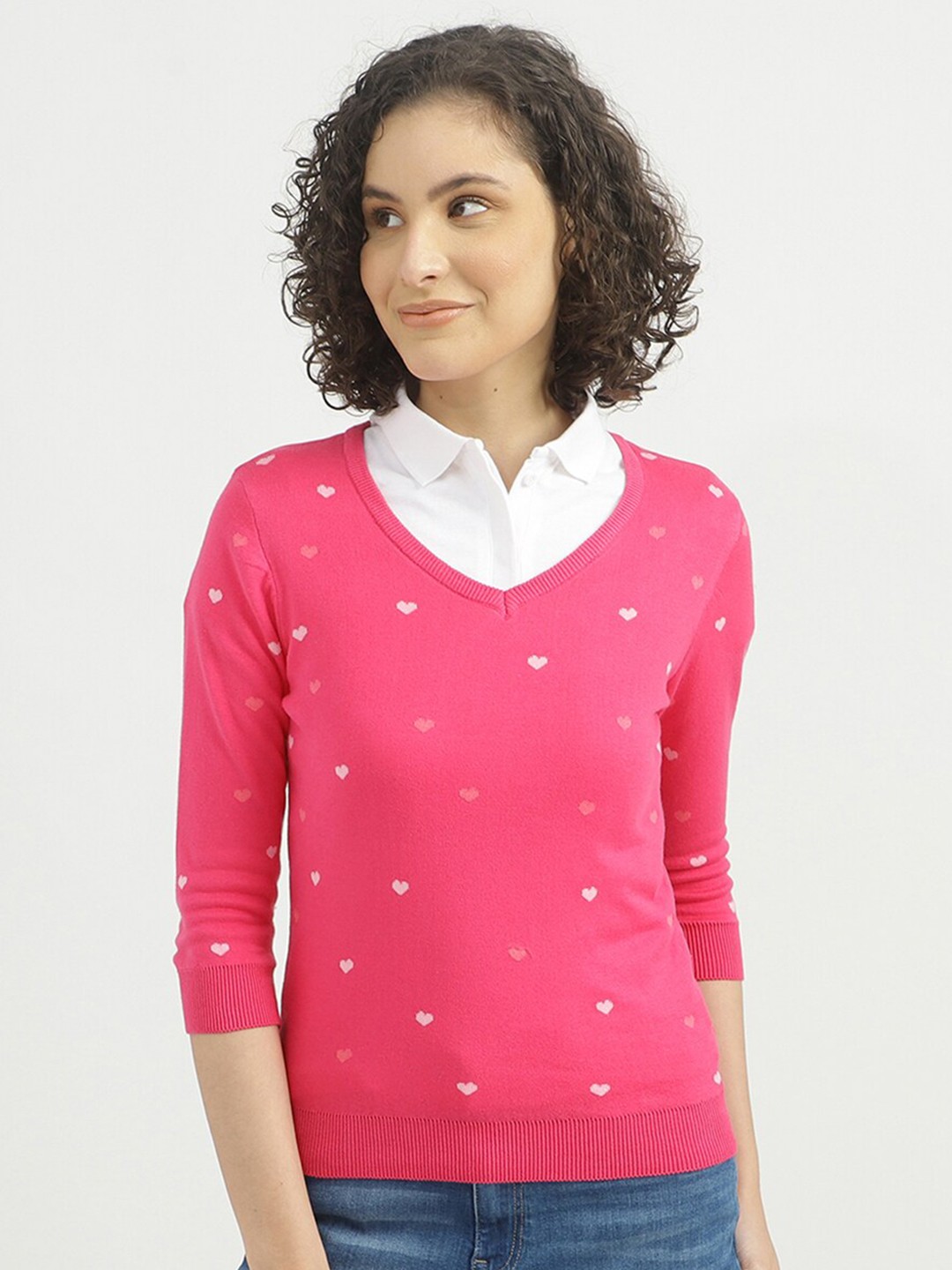 

United Colors of Benetton Women Fuchsia & White Printed Pullover