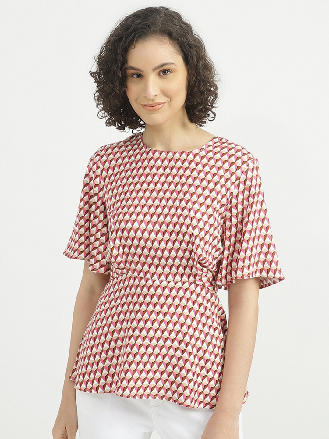 

United Colors of Benetton Women Pink & Grey Geometric Print Cinched Waist Top