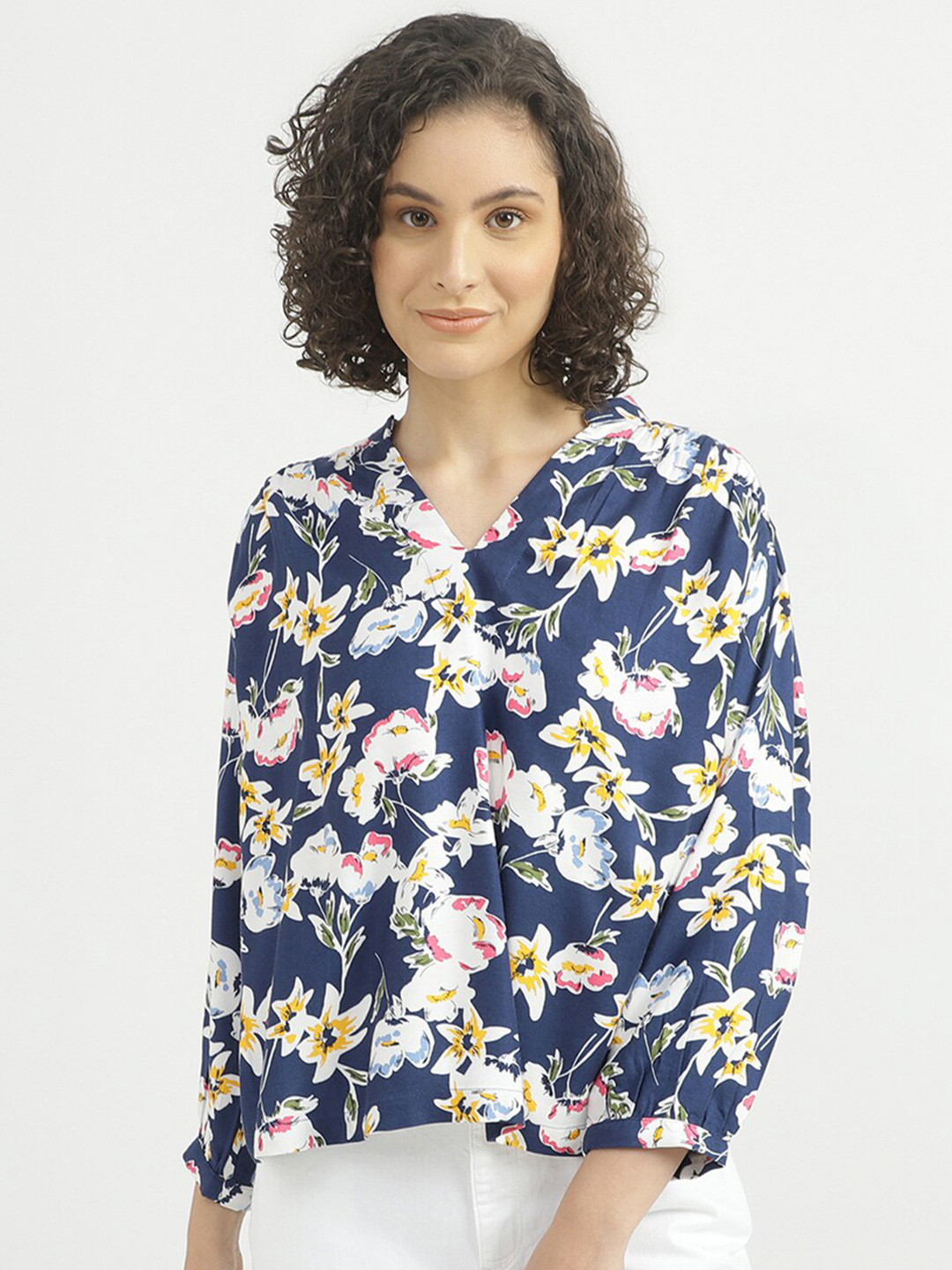 

United Colors of Benetton Women Navy Blue & White Floral Print Shirt Style Top