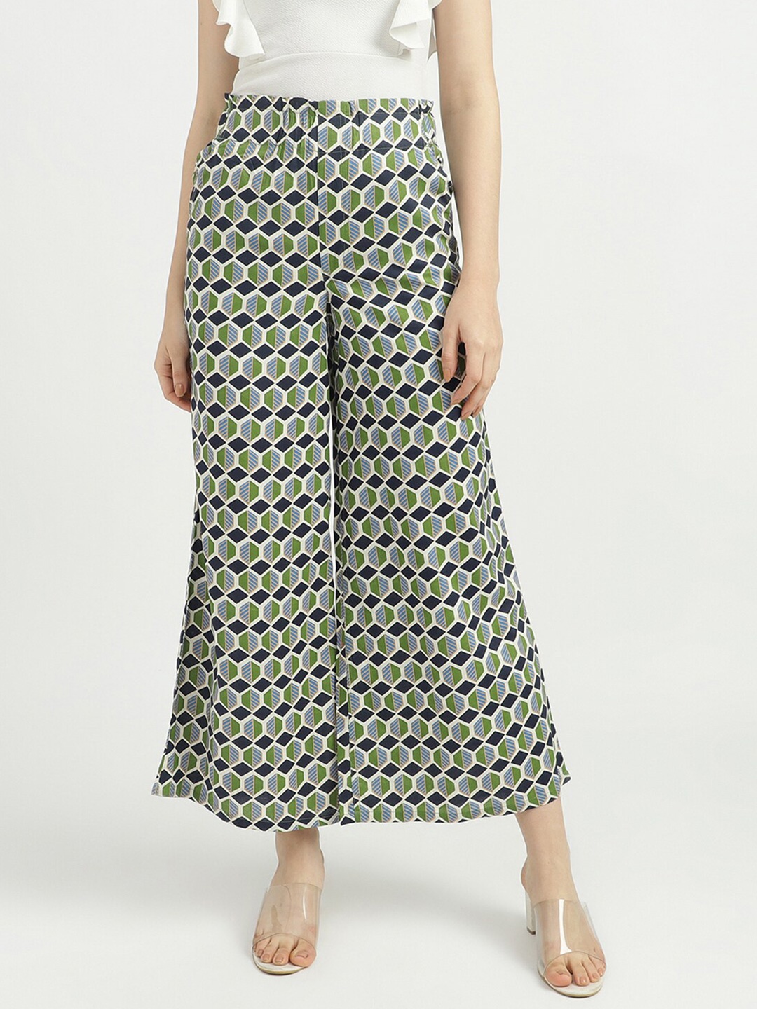 

United Colors of Benetton Women White & Green Printed Cotton Wide Leg Palazzos