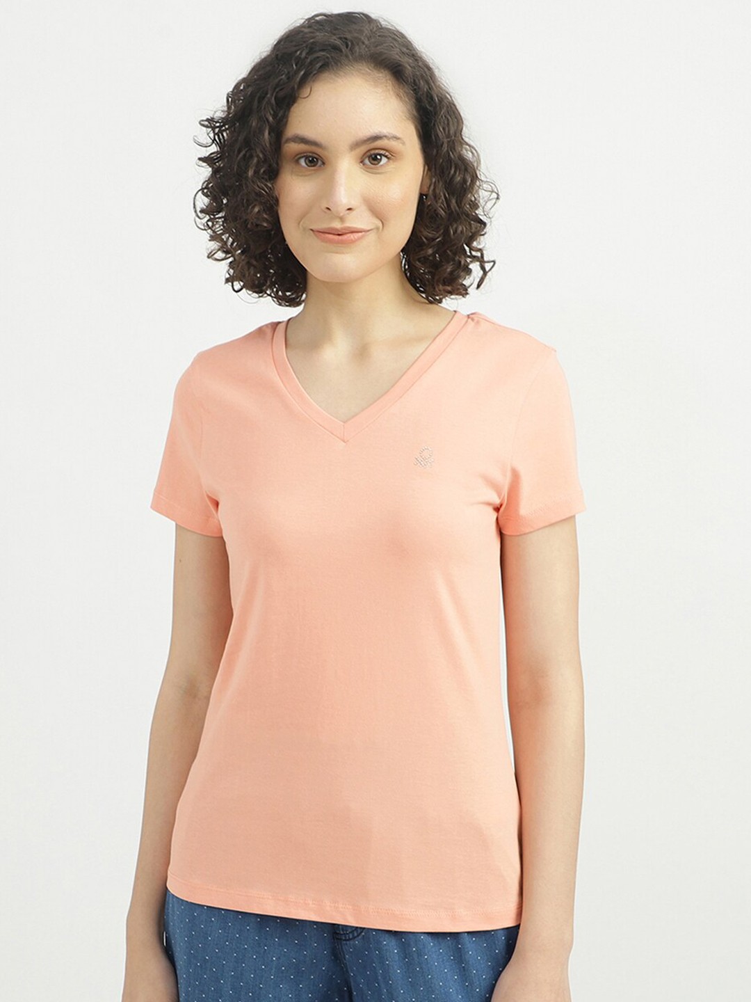 

United Colors of Benetton Women Peach-Coloured V-Neck Slim Fit T-shirt