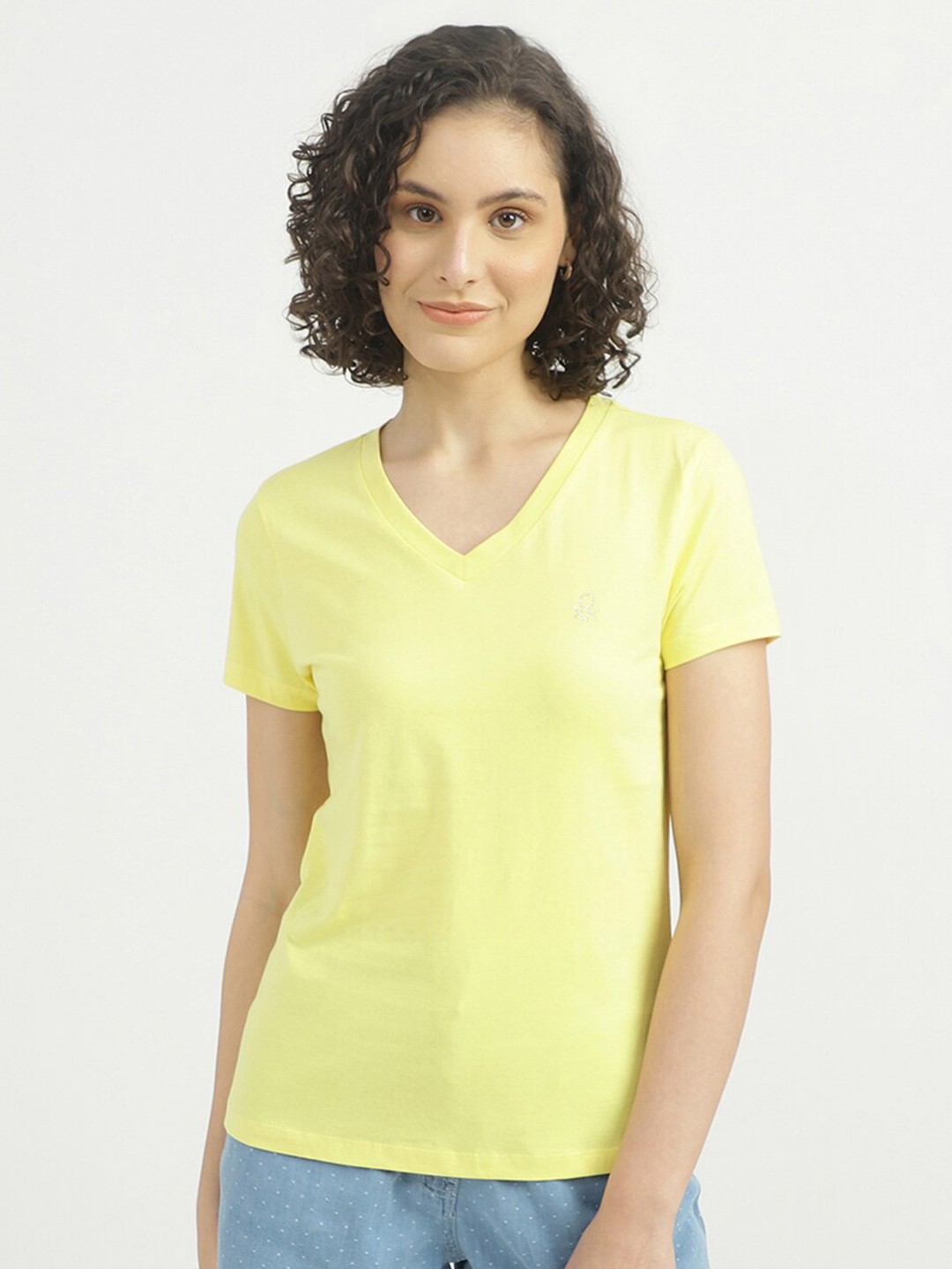 

United Colors of Benetton Women Yellow V-Neck Slim Fit T-shirt